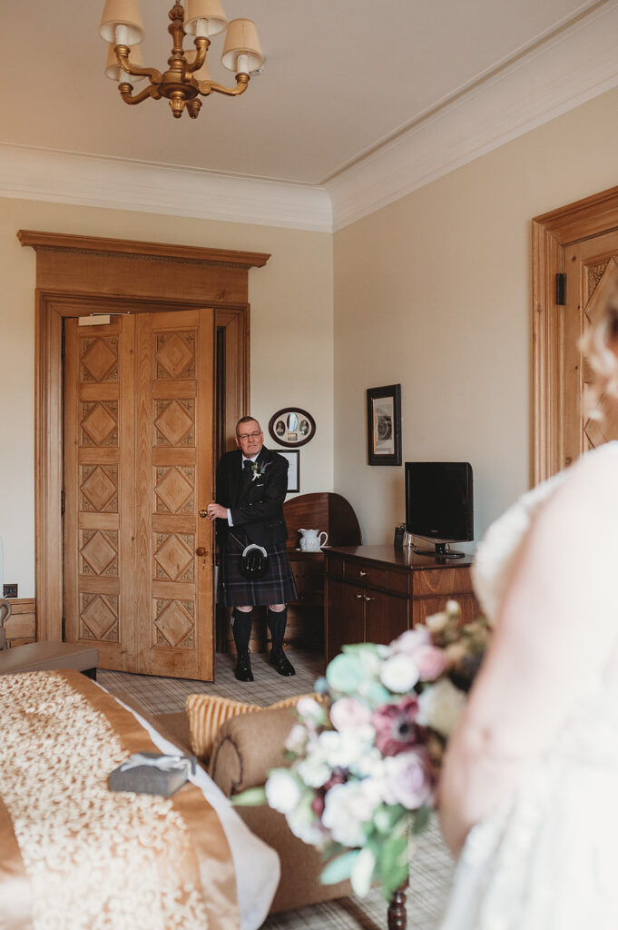 First look with dad at Aberdeenshire wedding 