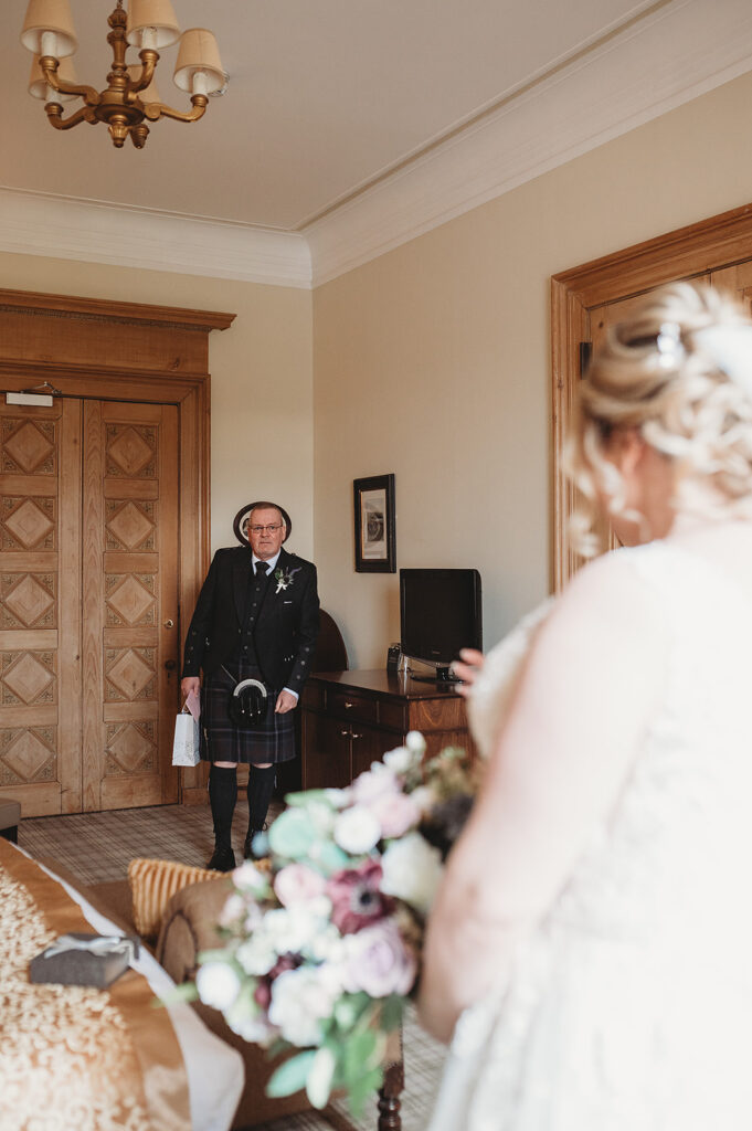 First look with dad at Aberdeenshire wedding 