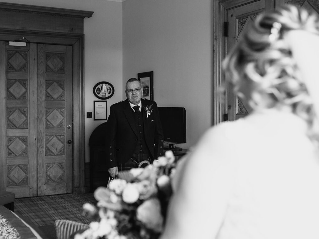 Emotional First look with dad at Aberdeenshire wedding 