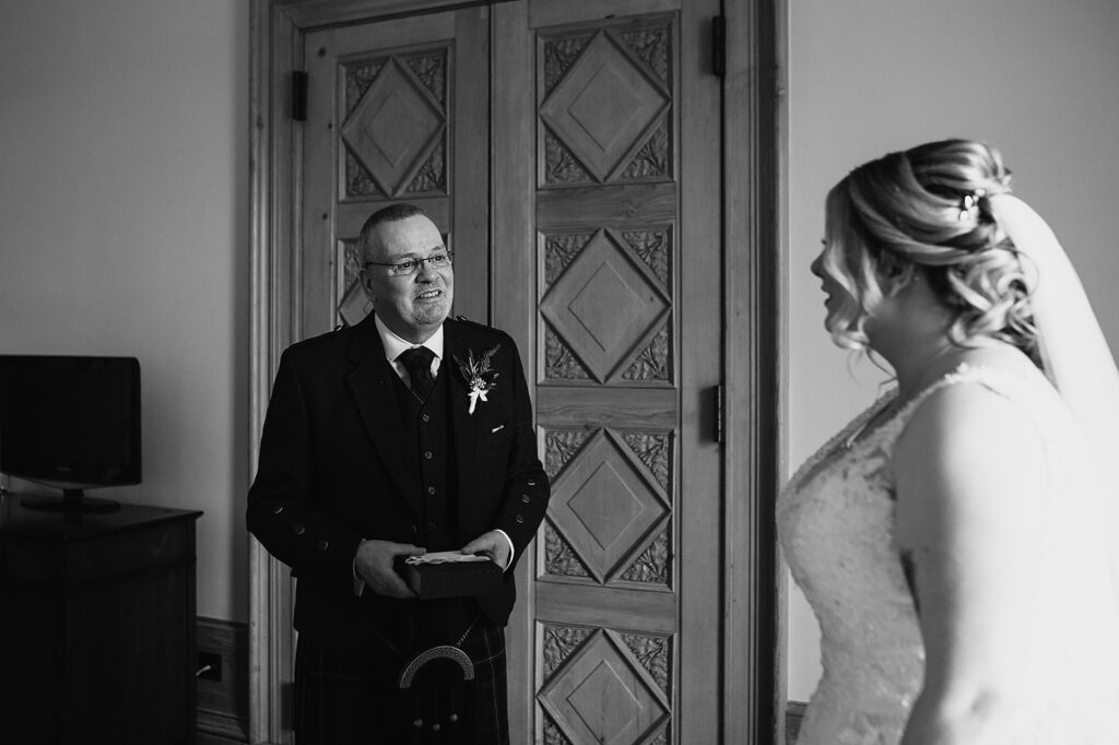 Emotional First look with dad at Aberdeenshire wedding 