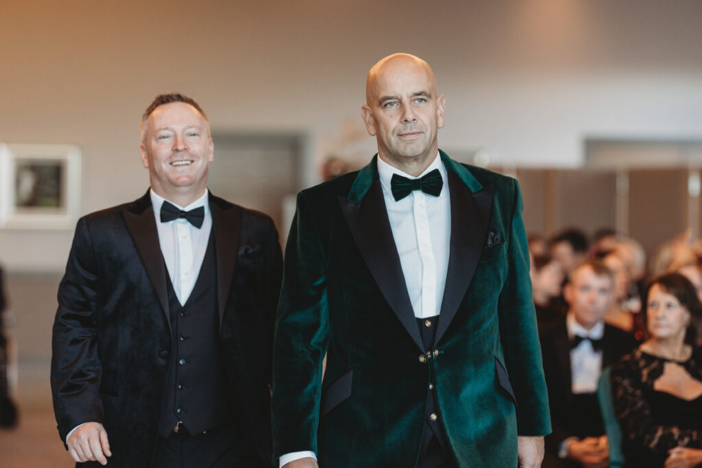 Aberdeenshire groom walks down the aisle during wedding ceremony at meldrum house