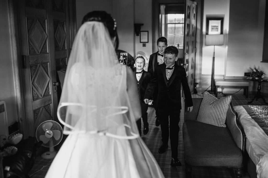 First look with sons at aberdeenshire wedding